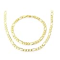 18K Gold Overlay Sterling Silver Figaro Men's Necklace and Bracelet Set (Width 5mm)