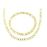 18K Gold Overlay Sterling Silver Figaro Mens Necklace and Bracelet Set (Width 5mm)