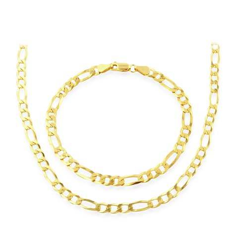 18K Gold Overlay Sterling Silver Figaro Men's Necklace and Bracelet Set (Width 5mm)