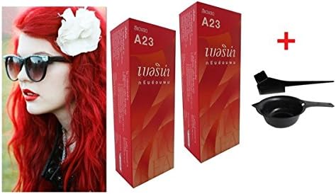 R.G Set Permanent Hair Color Dye Berina A23 Bright Red Color X 2 Boxs + Hair Coloring Dyeing Kit Dye Brush Comb Bowl