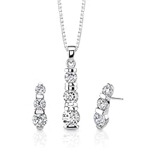 Romantic Pledge: Sterling Silver Designer Inspired 3-stone Jewelry Drop Style Earring/ Pendant set with CZ Diamonds