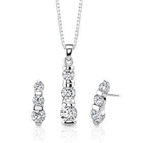 Romantic Pledge: Sterling Silver Designer Inspired 3-stone Jewelry Drop Style Earring/ Pendant set with CZ Diamonds