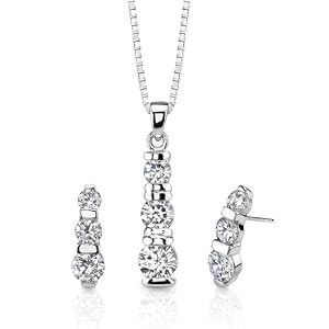 Romantic Pledge: Sterling Silver Designer Inspired 3-stone Jewelry Drop Style Earring/ Pendant set with CZ Diamonds