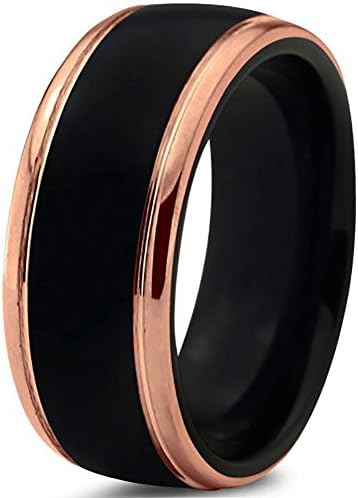 LuxyJewelry 8mm 18K Rose Gold Plated High Matte Black Tungsten Carbide Domed Brushed Men's Women Wedding Band Ring in Comfort Fit Finish Fit Sizes 5-16 Free Shipping Lifetime Guarantee