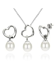 Sterling Silver 8-9mm White Perfect Round Freshwater Pearl "Love Open Heart" Shape Dangling Necklace and Earring Set
