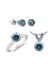 1 CT Blue Diamond Set 14K White Gold - Ring, Pendant & Earrings