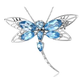 10k White Gold and Blue Topaz High Polish Openwork Dragonfly Pendant Pin by 