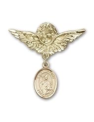 14K Gold Baby Badge with St. Kilian Charm and Angel with Wings Badge Pin