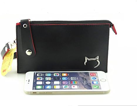 Cute Cat Symbol Utility Leather Coin Bag Loose Change Wallet Clutch with Wrist Strap 7.1×4.3 Inches Black+Capacitive Pen