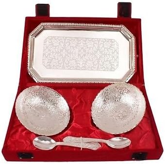 Gift Silver Plated 2 Bowls Set with 2 Spoon and Tray (Bowl-Dia-10cm Height-5cm, Tray- 23 x 14cm, Spoon Lengrh-12cm)