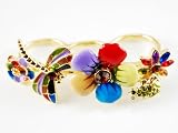 Colorful Dragonfly Flower Frog Enamel Painted Ruby Rhinestone Three Finger Ring