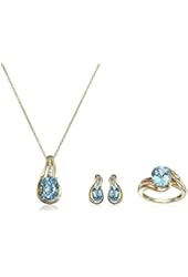 Yellow Gold-Plated Sterling Silver, Swiss Blue Topaz, and Diamond Pendant Necklace, Ring, and Earrings Jewelry Set