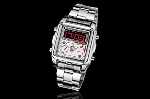 GuTe Old Fashion Mens LCD Analog Steel Wristwatch Japan Quartz Dual Time Display White Dial