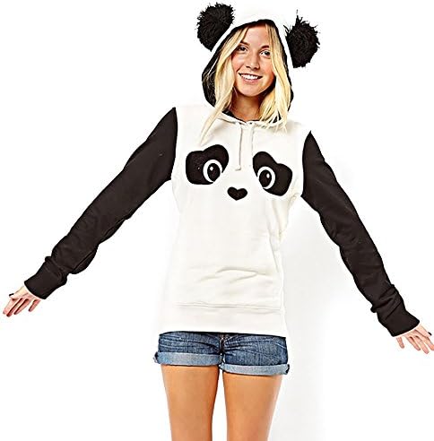Miss Cookies Korean Cute Women Plus Size Panda Print White and Black Hoodie Tops (2XL)