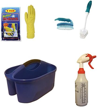 Cleaning Caddy &amp; Scrub Brush Set &amp; 1 pair - One Size Fits All Rubber Gloves &amp; 1 - 32oz Commercial, empty spray bottles
