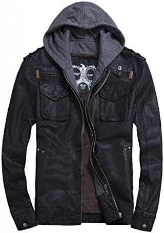 LXTH00o Men's Classic PU Zip Hooded Biker Rock Punk Jacket Coat Black 3XL