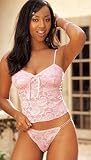 1st Fantasies Sweet and Sassy Stretch Lace Cami Thong Set - BLACK