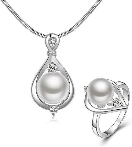 Pmany Vintage Waterdrop Shaped 925 Sterling Silver Plated Pearl Pendant Necklace Ring Earring Jewelry Set Gift (Necklace+Ring)