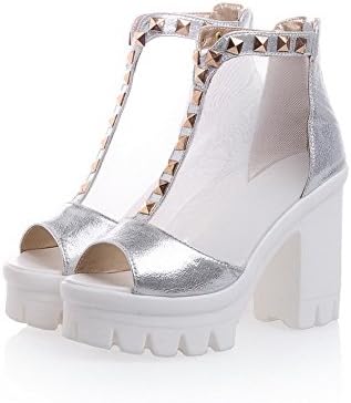 Maymoon Womens Open Peep Toes High Heel Chunky Platform Soft Material PU Solid Sandals with Zippers and Rivet, Silver, 35