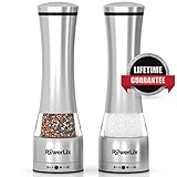 PowerLix Deluxe Stainless Steel Salt And Pepper Grinder Set- Set Of 2 Mill Shakers With Adjustable Ceramic Grinder- Brushed Stainless Steel & Glass Construction- eBook Include