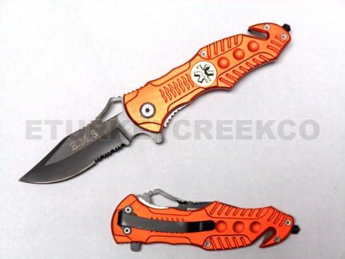 PK-826EMS " E.M.S " Rescue Folder Ju2fx Spring C7gzmY Assist Knife 4.5" Closed ghkdiwiy 2334rtyui gbh " E.M.S " 4 1/2" closed, 3 1/2" blade Rescue folder spring builK1ef7 assist knife. E.M.S medallion mounted into the handle. Featuring z66ENxLUs Camo Color half serrated black stainless steel blade. Includes seat belt cutter, glass breaker and pocket clip.