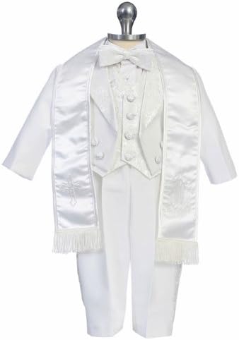SIZE: 4 - Boy Christening Tuxedo Suit 6 Pc Jacquard Satin Virgin Mary (3M to 7)