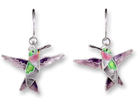 Clearly Charming Ruby Throated Hummingbird Silver and Enamel Earrings by Zarah