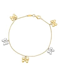 7.25" 14K Yellow Gold Polished Cable Chain Bracelet w/ Pear Shape Clasp & 2 Tone Dangle Multi Butterfly