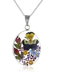 Sterling Silver Pressed Flower Oval Pendant Necklace, 18"