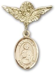 14K Gold Baby Badge with St. Philip the Apostle Charm and Angel with Wings Badge Pin