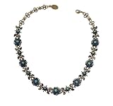 Vintage Looking Michal Negrin Terrific Collar Necklace Designed with Sparkling Blue Swarovski Crystals, Beautifully Crafted with Hand Painted Flowers and Brass Leaves Elements - Special Ordered and Shipped by Genuvo within 2 to 3 Weeks