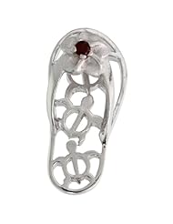 Sterling Silver Hawaiian Plumeria w/ Honu Sea Turtles Flip Flop Slippers Pendant, w/ Brilliant Cut Ruby-colored CZ Stone, 1" (25mm) tall