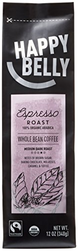 Happy Belly Espresso Roast Whole Bean, Organic Fairtrade Coffee, Medium Dark Roast, 12 ounce