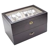 Vintage Dark Walnut Finish Wood Clear Glass Top Watch Box Display Storage Case Chest Holds 20+ Watches With Adjustable Soft Pillows and High Clearance for Larger Watches