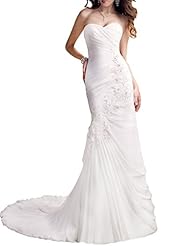 Sexy Strapless Chiffon Sweetheart Sleeveless Applique Pleated Beaded Lace-Up Wedding Dress  with a Brush/Sweep Train 