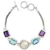 Sterling Silver Bali Style Byzantine Toggle Bracelet, w/ Pearl, two 12x10mm Emerald Cut Natural Blue Topaz Stones & two 11x9mm Emerald Cut Natural Amethyst Stones, 11/16″ (17mm) wide