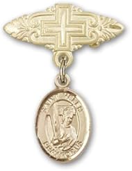 14K Gold Baby Badge with St. Helen Charm and Badge Pin with Cross