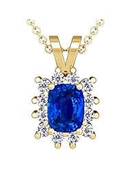 18K Yellow Gold Cushion Cut Blue Sapphire And Round Diamond Pendant