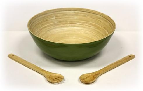 Simply Bamboo 3 Piece 14" X 5" Glossy Celadon Green Bamboo Bowl &amp; 12" Wooden Utensils Set