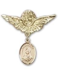 Gold Filled Baby Badge with St. Rafta Charm and Angel with Wings Badge Pin