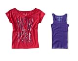 Aeropostale Womens; Juniors Pink (667) New York Graphic Boxy Tee Shirt Coordinated with Aero's Purple (542) Solid Boytank Top - Size