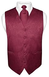 Men's Burgundy Paisley Design Dress Vest and NeckTie Set for Suit or Tuxedo