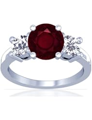 18K White Gold Round Cut Ruby Three Stone Ring
