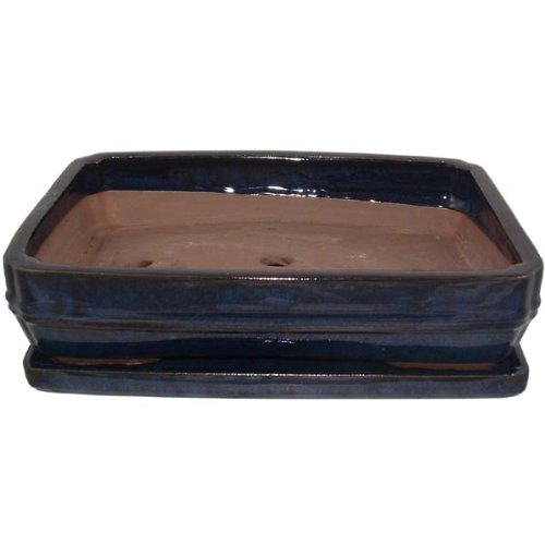 35cm Blue Glazed Bonsai Pot and Tray Set