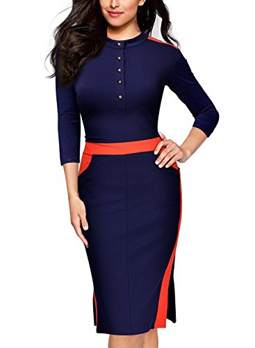 Miusol Women's Formal Stand Collar Navy Style 2/3 Sleeve Slim Pencil Dress