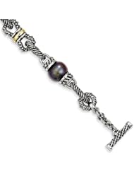 Sterling Silver W/14k 10-10.5mm Black Fw Cultured Pearl 7.5in Bracelet, Best Quality Free Gift Box Satisfaction Guaranteed