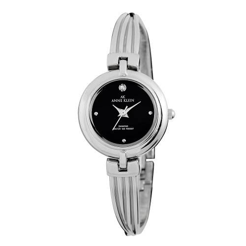 Anne Klein,AK Anne Klein Women's 109265BKSV Diamond Accented Silver-Tone Black Dial Bangle Watch,AK Anne Klein,109265BKSV,B0041RTUPE