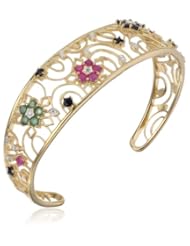 Yellow Gold Plated Sterling Silver Sapphire, Ruby, Emerald and Diamond Accent Flower Bangle Bracelet