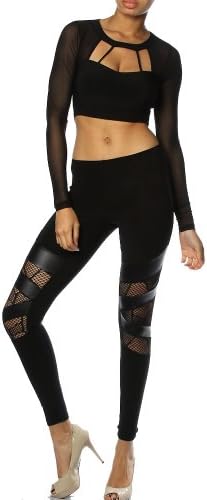 Pinkclubwear Mesh Sleeve Cutout Crop Top w/ Mesh Insert Leggings Set-Black-Small