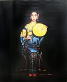 Woman with Yellow Fan - Asian Portrait Hand Painted Chinese Contemporary Art